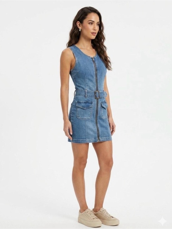 Rewash Dresses & Skirts - Rewash Blue Denim Zip-Front Belted Mini Dress